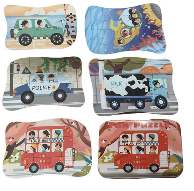 Puzzles Progresivos 5 en 1 diseño de Transportes en caja metálica