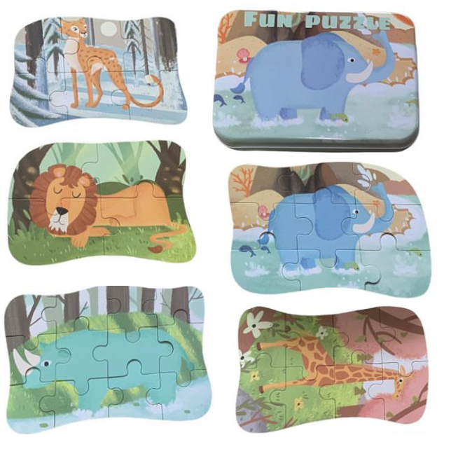 Puzzles Progresivos 5 en 1 diseño de Selva en caja metálica