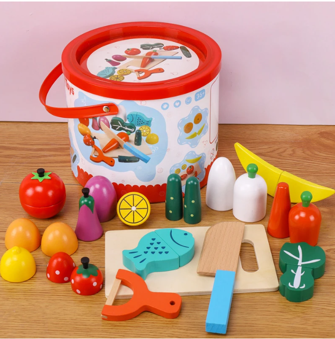 Juguete Balde de alimentos para cortar 100% Madera