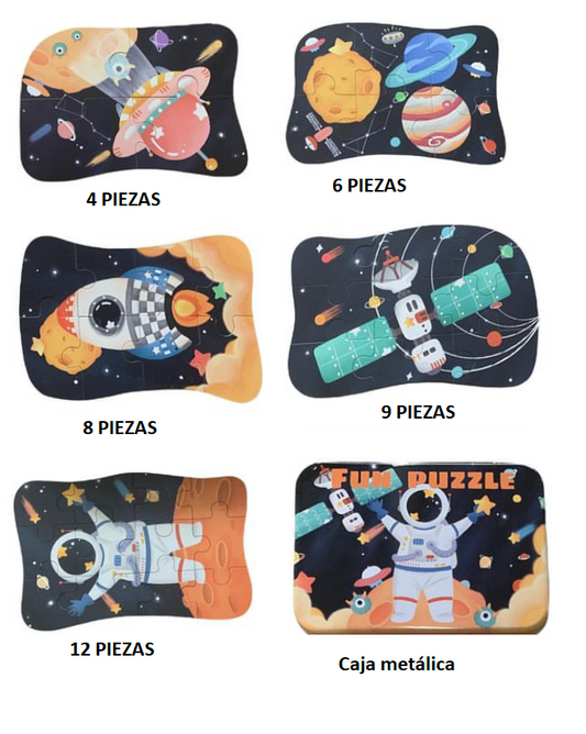 Puzzles Progresivos 5 en 1 diseño de Astronauta en caja metálica